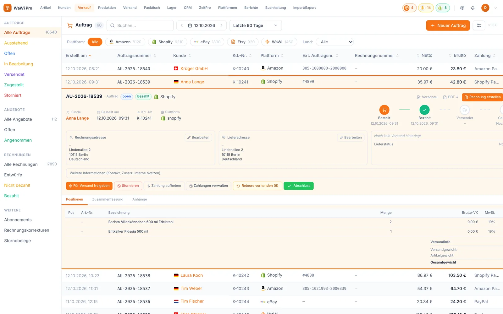 Auftragsliste mit geöffnetem Auftrag, Plattform-Filtern und Positionen