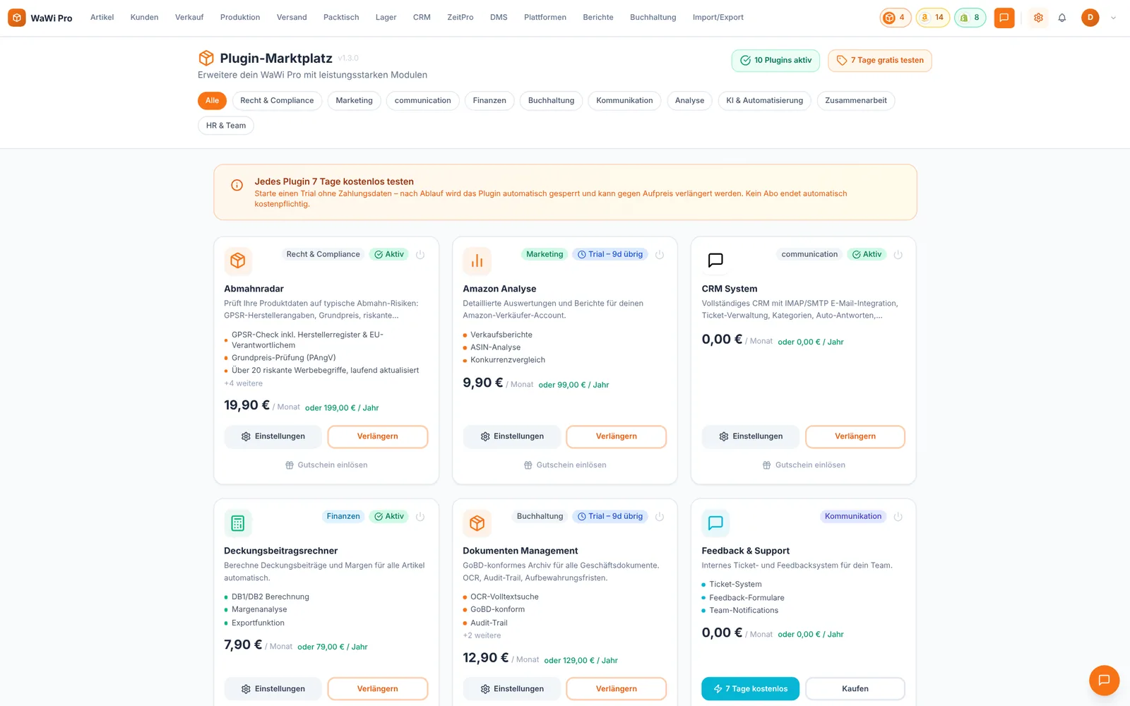 Plugin-Marktplatz mit Kategorien, Preisen und Testphasen